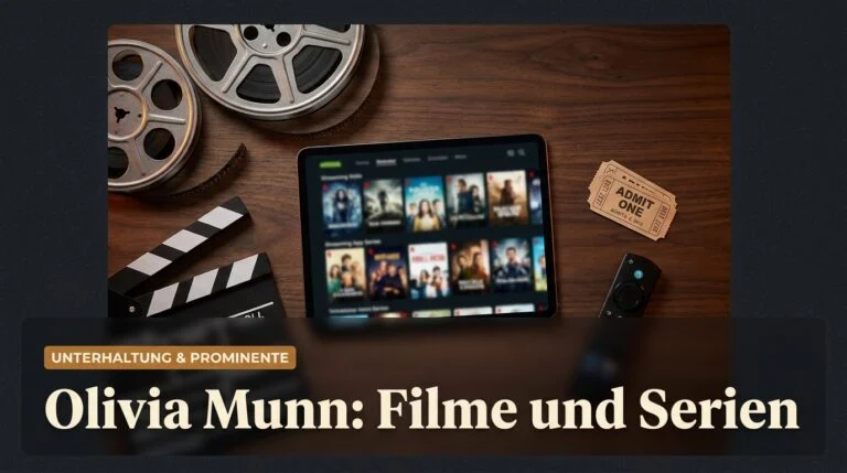 Filmrollen, Filmklappe und Tablet mit Streaming-Angebot auf einem Holztisch, daneben eine Kinokarte
