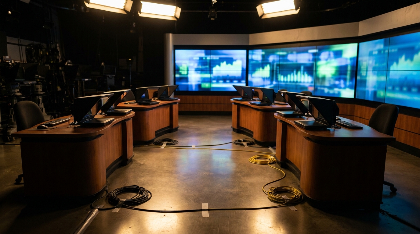 Nachrichtenstudio mit gebogenen Redaktionstischen und einer grossen Videowand im Hintergrund Nachrichtenstudio mit gebogenen Redaktionstischen und einer grossen Videowand im Hintergrund