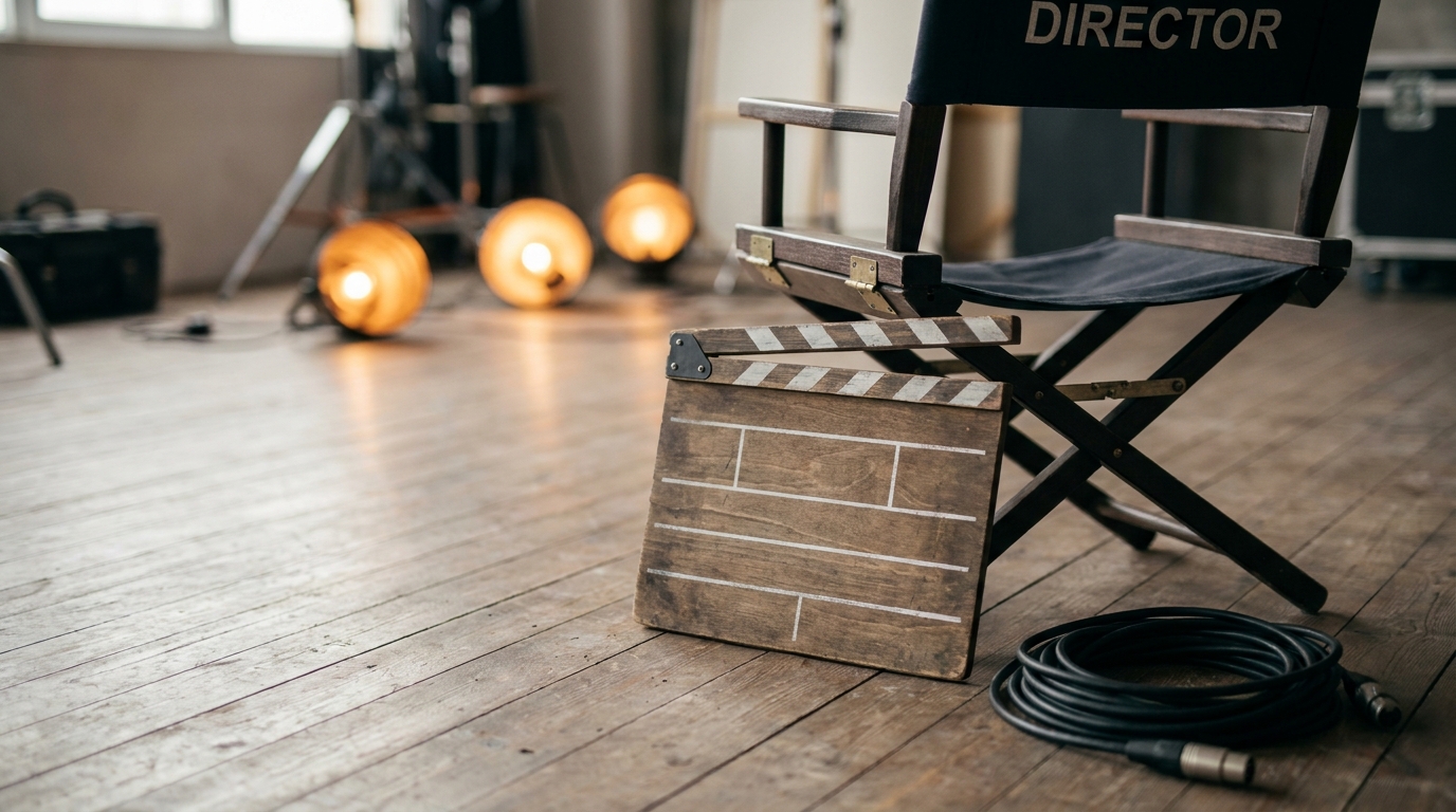 Regiestuhl mit der Aufschrift Director und Filmklappe auf einem Studioboden Regiestuhl mit der Aufschrift Director und Filmklappe auf einem Studioboden