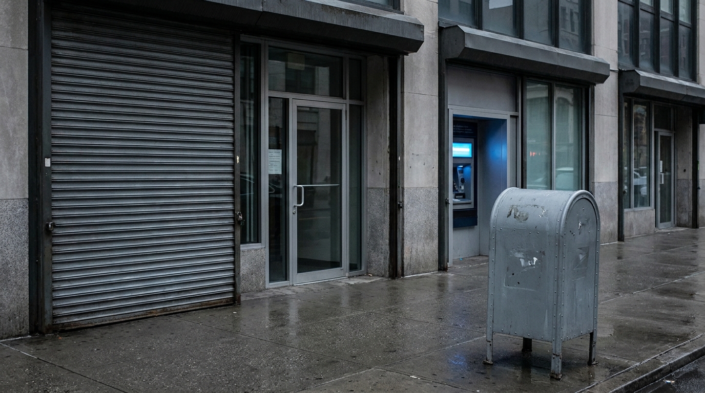 Geldautomat und Briefkasten an einer regnerischen Strasse vor einem geschlossenen Geschaeft Geldautomat und Briefkasten an einer regnerischen Strasse vor einem geschlossenen Geschaeft