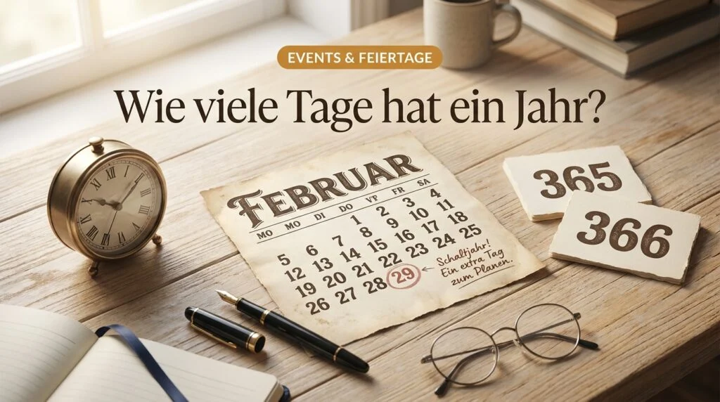 Kalenderblatt Februar mit rot markiertem 29. als Schalttag, daneben Karten mit den Zahlen 365 und 366