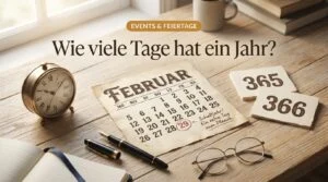 Kalenderblatt Februar mit rot markiertem 29. als Schalttag, daneben Karten mit den Zahlen 365 und 366