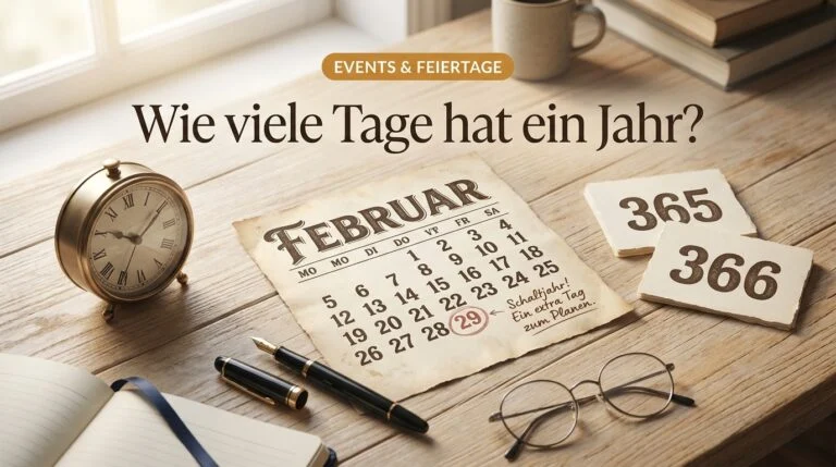 Kalenderblatt Februar mit rot markiertem 29. als Schalttag, daneben Karten mit den Zahlen 365 und 366